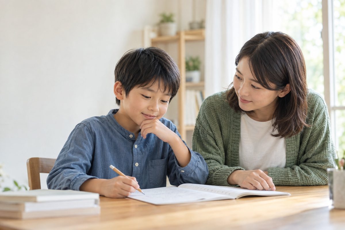 机に向かう子どもと、となりで見守る大人